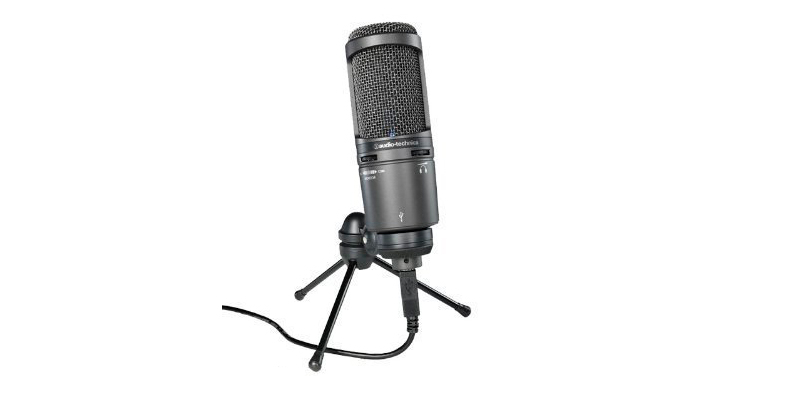 A product render of the Audio-Technica AT2020 microphone on a small stand in black.