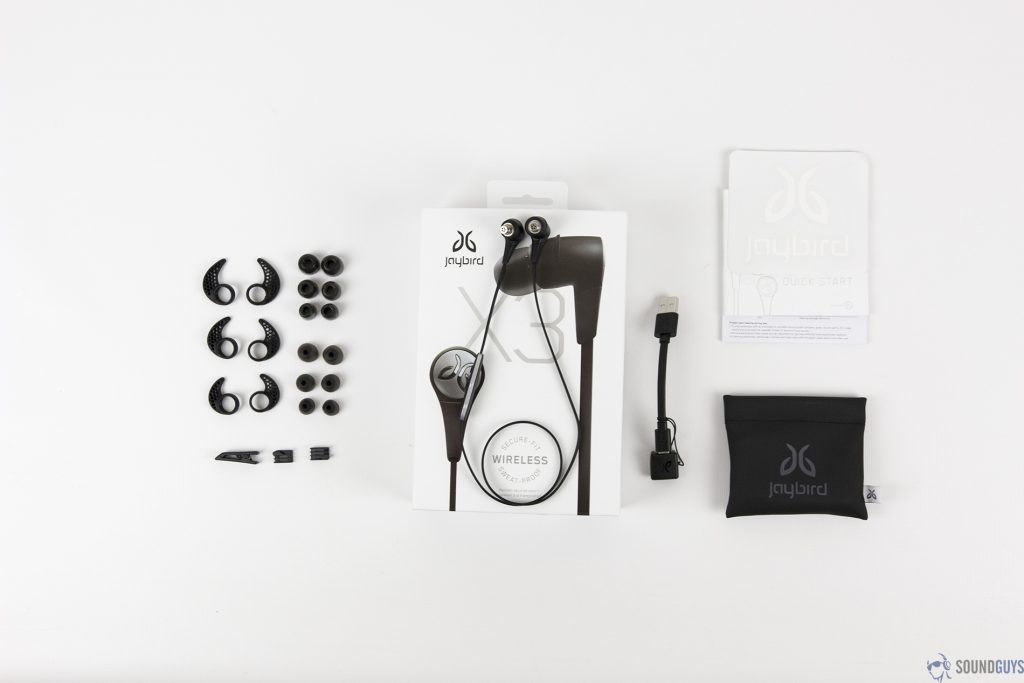 Pictured is the packaging of the Jaybird X3 and its contents on a white background