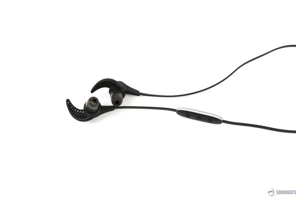 The Jaybird X3 earbuds with the control module and wing tips pictured against white background. 