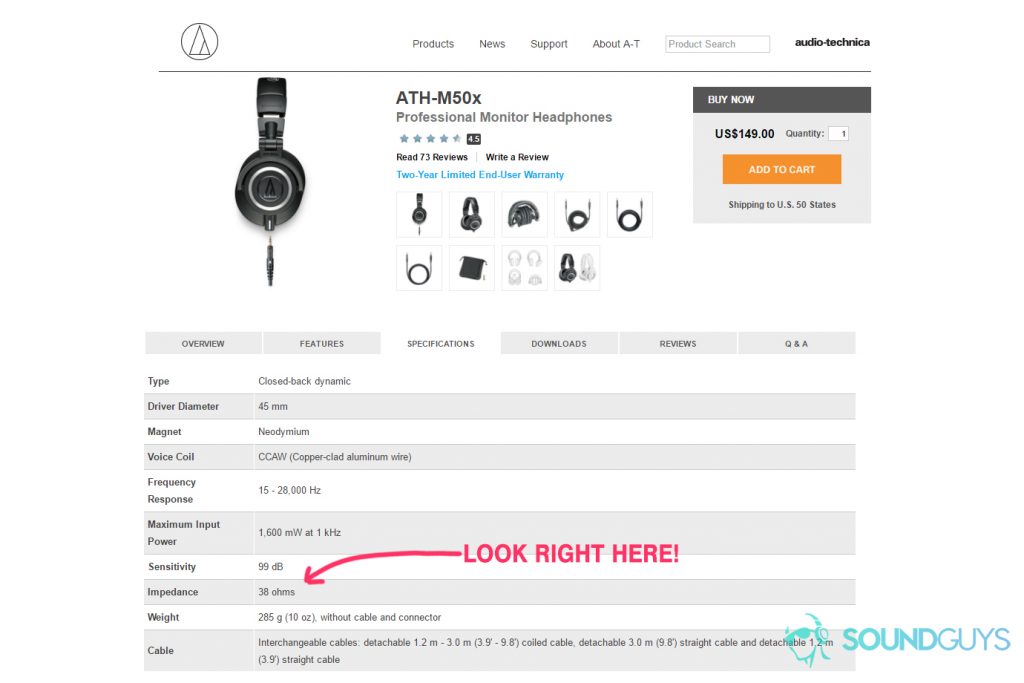 A screenshot of a specifications page for the Audio-Technica ATH-M50x headphones.