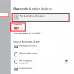 A screenshot displaying how to use Bluetooth Windows 10 with the Bluetooth menu pulled up, and Bluetooth power toggle and Add a Bluetooth Device commands highlighted.