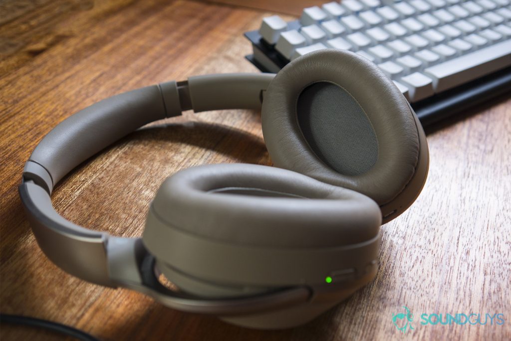 A photo of the Sony WH-1000X M2 wireless Bluetooth headphones on their backs, showing the drivers and ear cups.