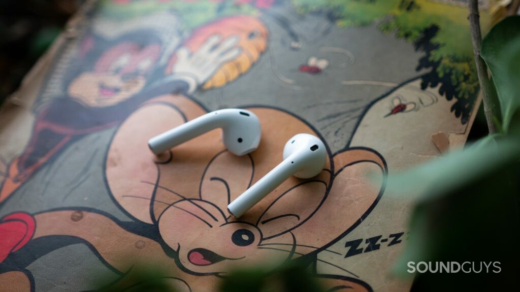 Pictured are the Airpods on top of a comic book.