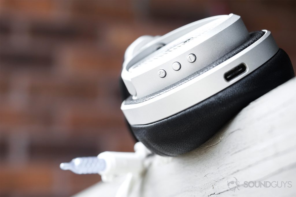 Master & Dynamic MW50 Wireless review: A close-up of the playback controls and USB-C port.