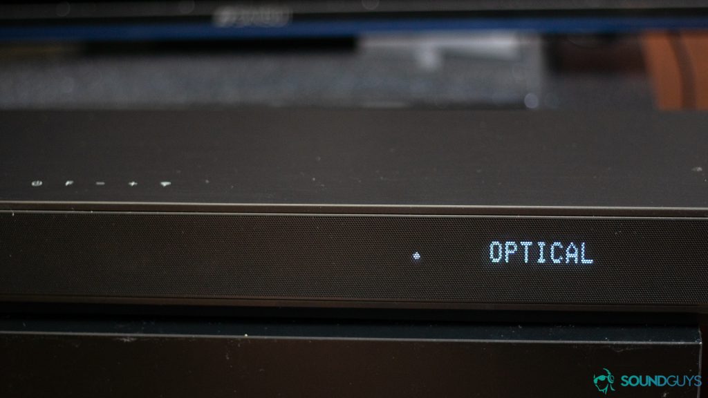 The front of the soundbar including the grill and display.