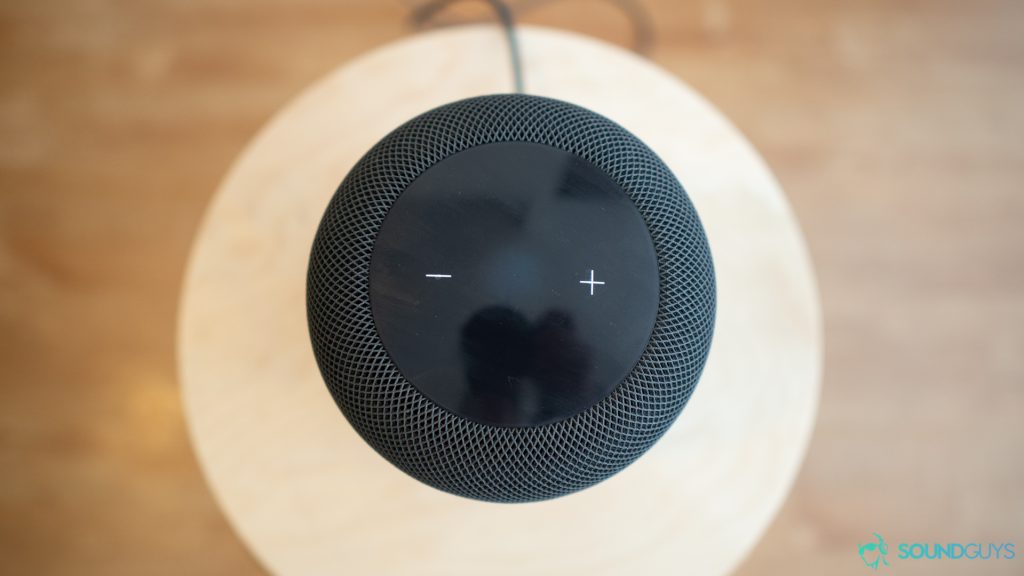 Pictured are the volume controls on the top of the Apple Homepod. 