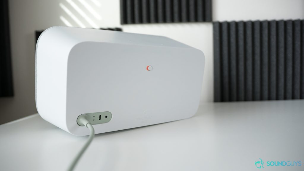 Pictured is the back of the Google Home Max with the mute switch and charging input pictured. 