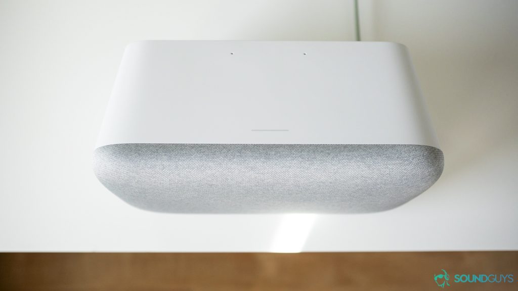 Pictured is a top-down shot of the Google Home Max showing the touch-sensitive gray strip on top.