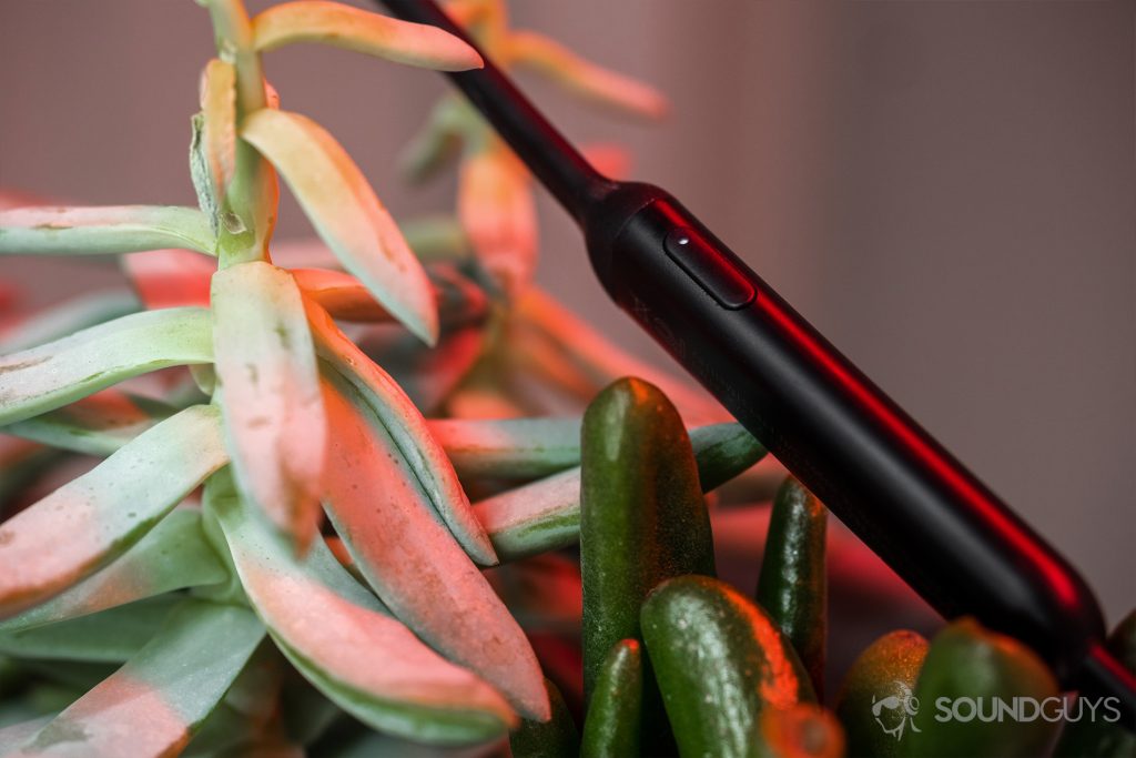 The BeatsX neckband that houses the power button rests on a pair of succulents with red LED lighting facing down.