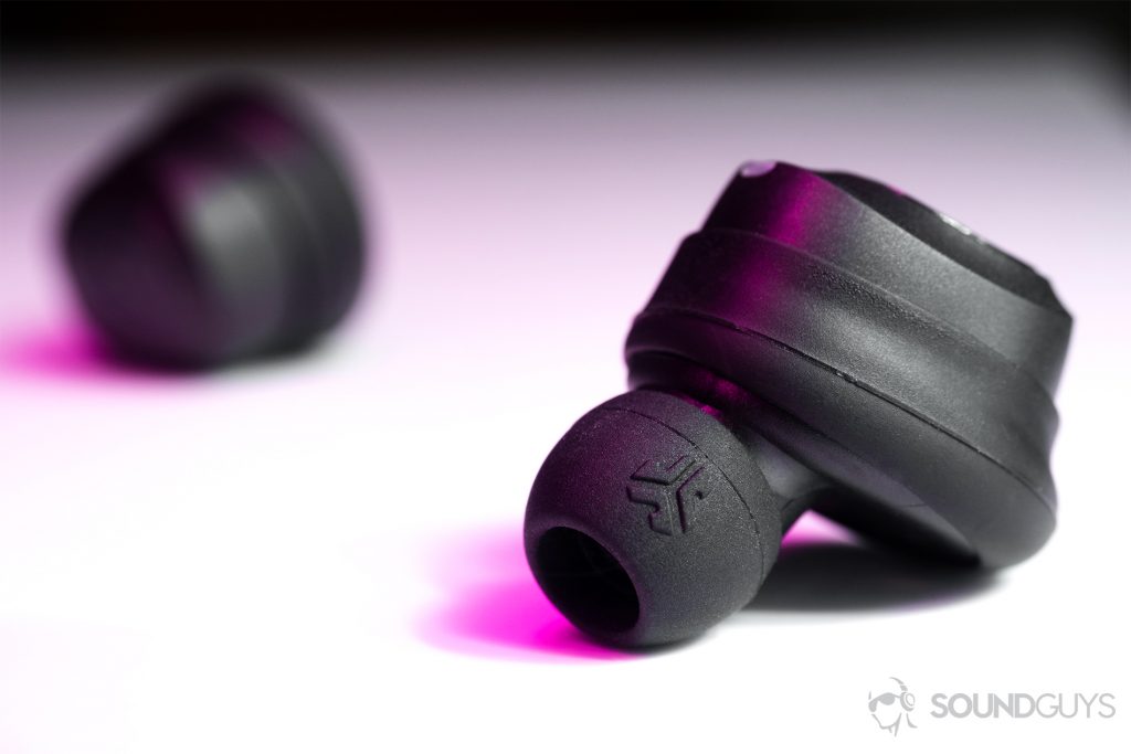 A close-up picture of the JLab JBuds Air true wireless workout earbuds (black).