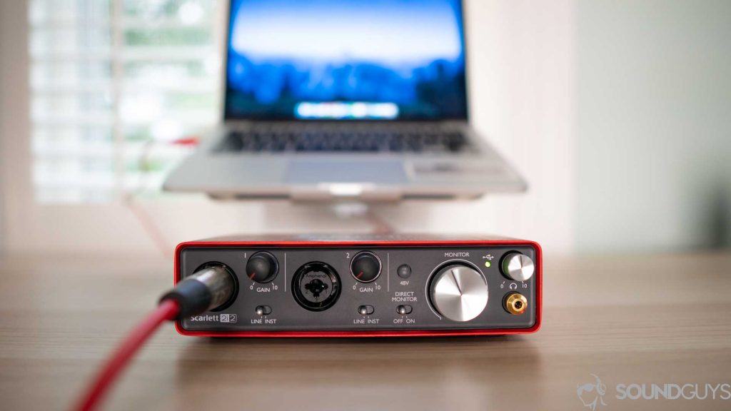 A picture of the Scarlett 2i2 USB interface pictured from the front.
