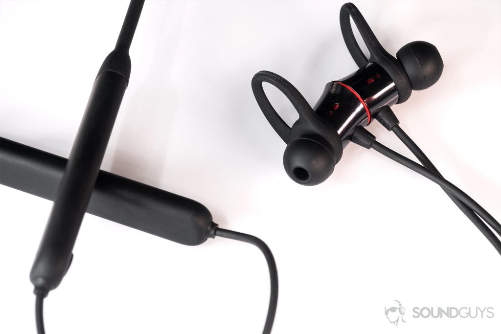 A top-down image of the OnePlus Bullets Wireless earbuds and the neckband. 