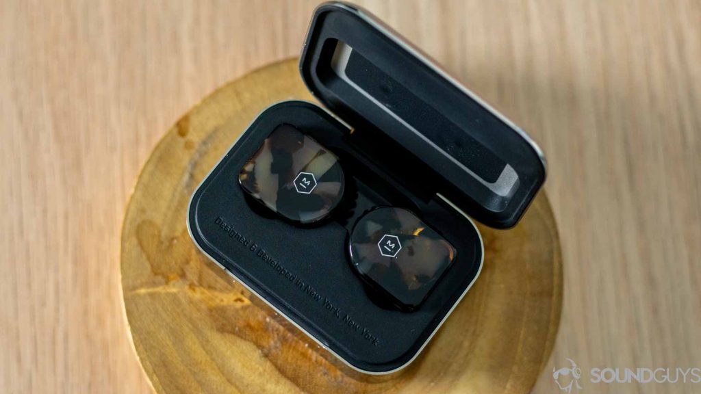 Close-up of the Master & Dynamic MW07 earbuds. 