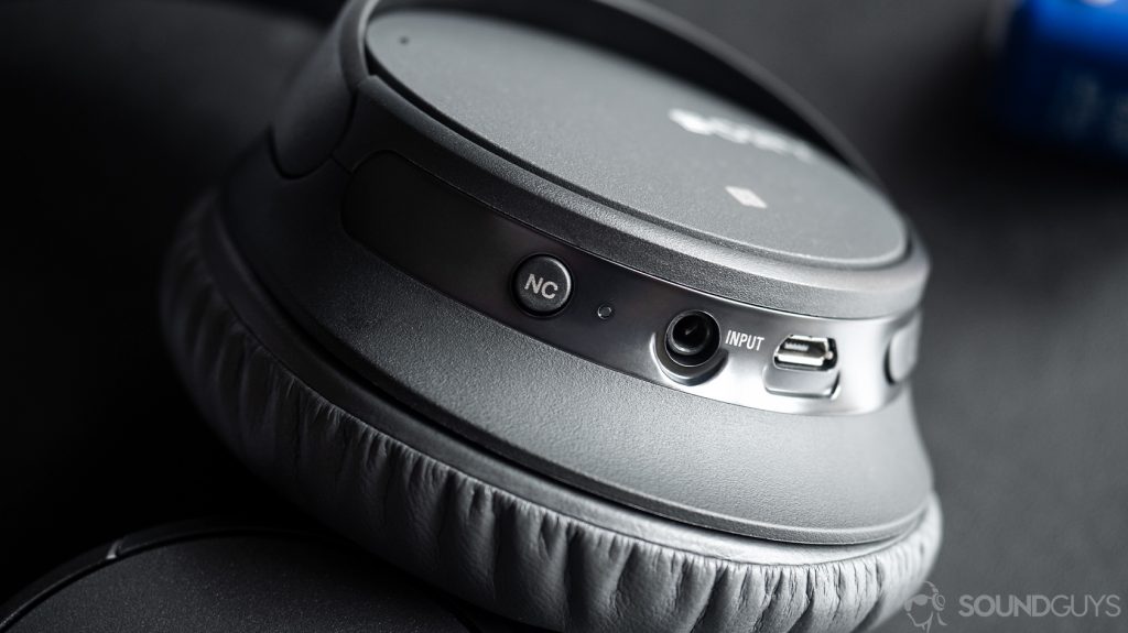 Sony WH-CH700N: The noise cancelling button, 3.5mm input, and microUSB input located on the left ear cup.