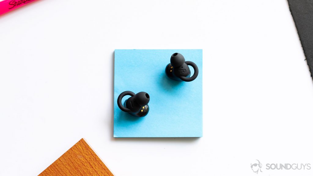 An aerial photo of the 1More Stylish true wireless earbuds to show off the O-hooks.