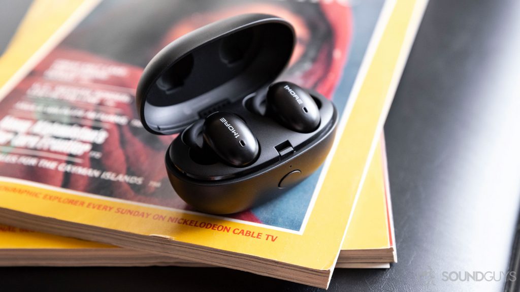 A photo of the 1More Stylish true wireless earbuds case open to reveal the earbuds inside.