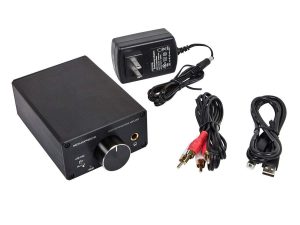 Monoprice headphone amp with included power adapter, RCA, and USB cables.