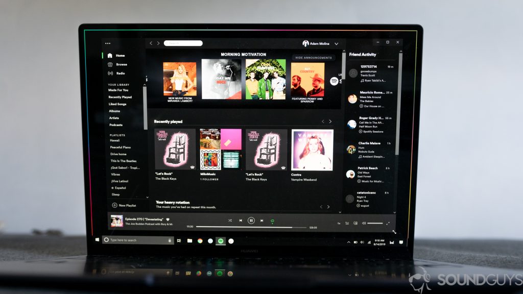 A picture of Spotify Home tab running on a Windows PC