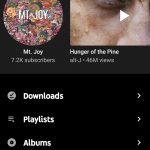 A screenshot of the YouTube Music Premium mobile application library page with the last played picks up top and menu options below.