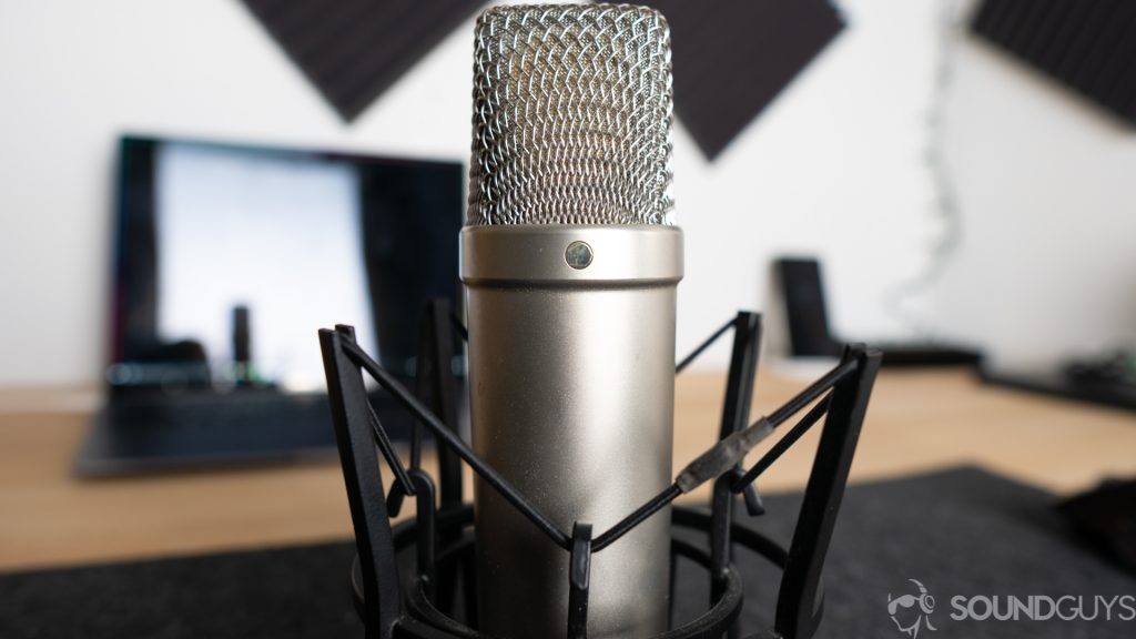 A picture of the Rode NT1-A microphone which is a high-end option for home studio recording.