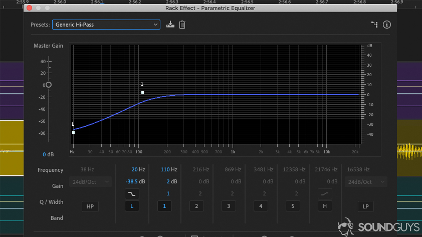 A screenshot of the Adobe Audition DAW showing the high-pass filter function of the parametric equalizer.