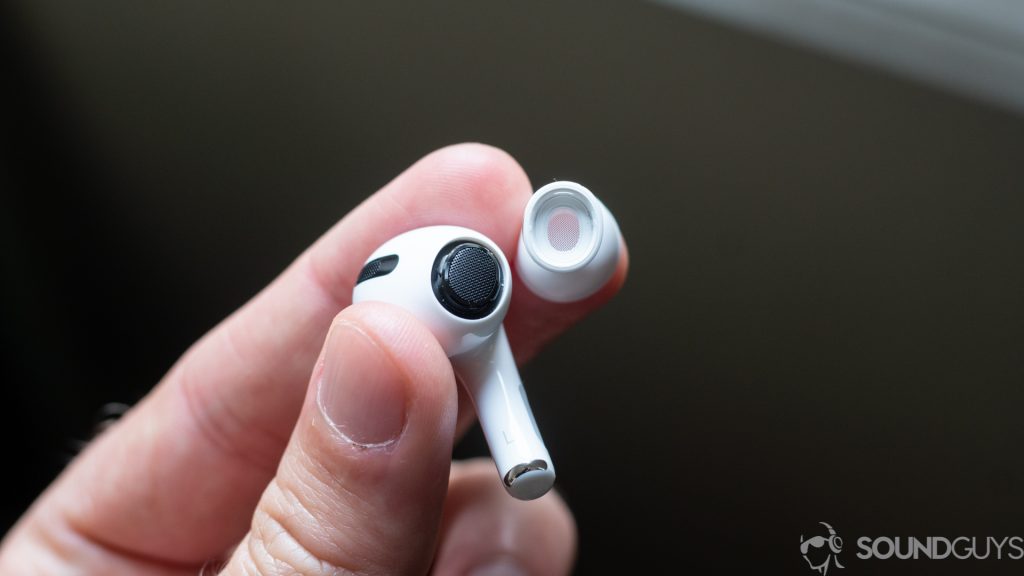 A picture of the AirPods Pro earbud with the silicone sleeve removed to reveal the nozzle.