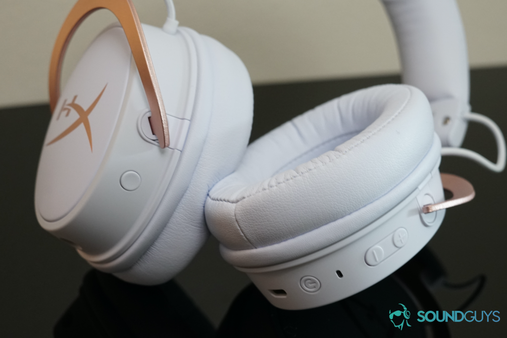 The HyperX Cloud Mix posed to show off its power and volume control buttons.