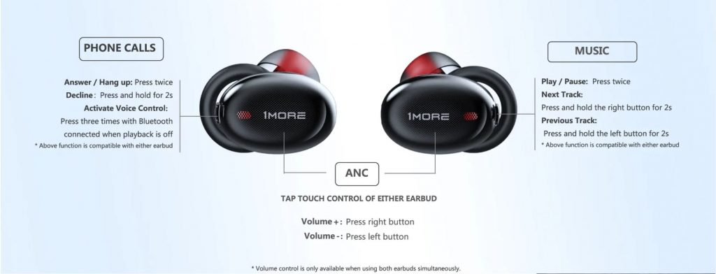 A screenshot of the 1More True Wireless ANC earbuds on-board controls.
