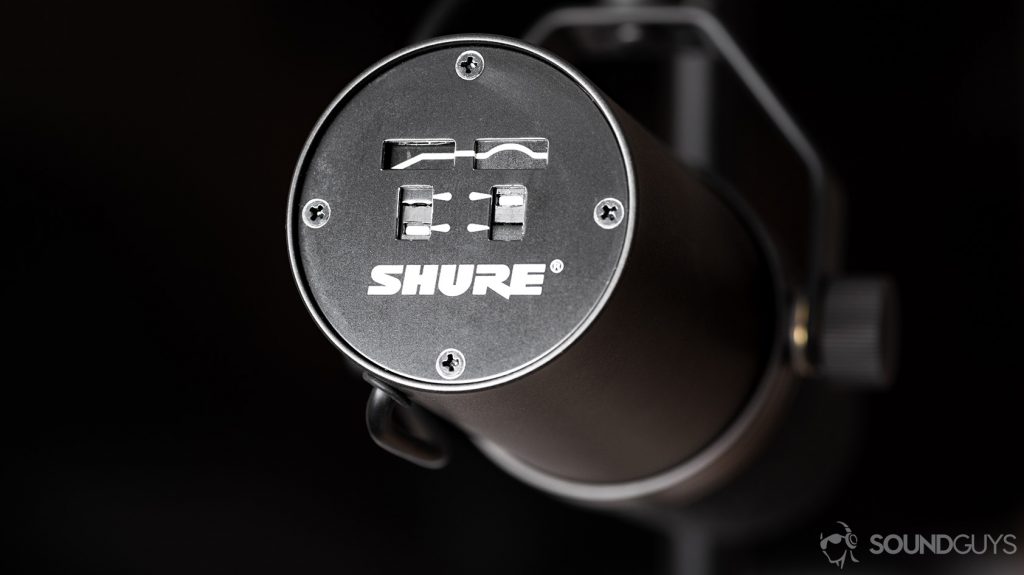 A photo of the Shure SM7B dynamic microphone's' frequency response illustration on the back of the microphone. This is much more expensive than the Shure SM58, and is an endgame product for most users.