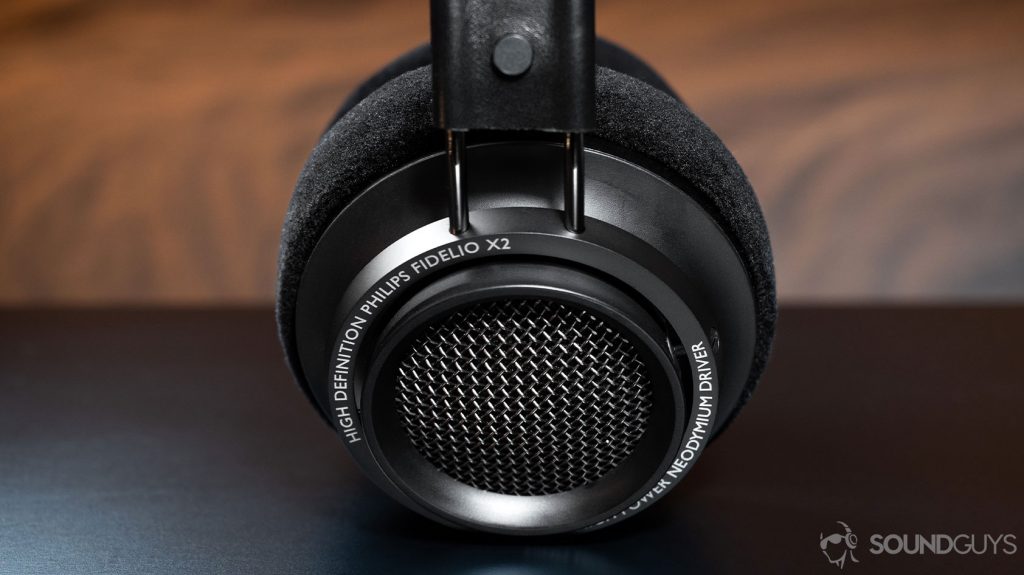 A close-up image of the Philips Fidelio X2 open-back, over-ear headphones grill in profile.