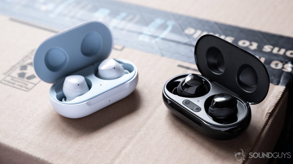 A picture of the Samsung Galaxy Buds Plus and Galaxy Buds' true wireless charging cases open with the earbuds inside.