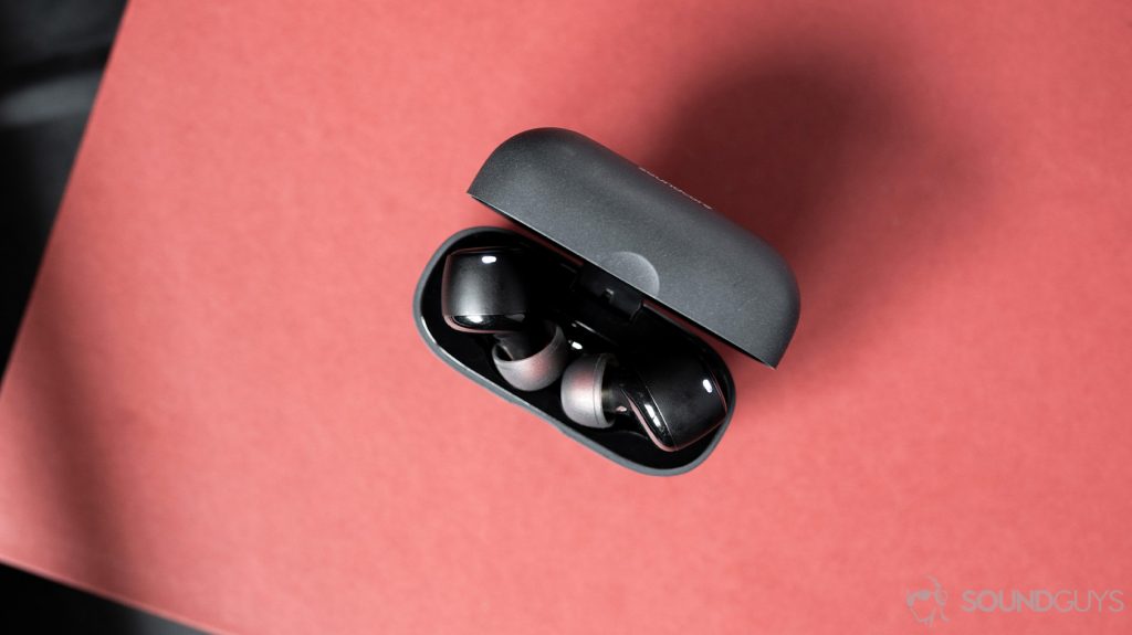 An aerial photo of the Anker SoundCore Liberty Air 2 true wireless earbuds in the charging case with the lid flipped open.