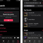 Two juxtaposed screenshots of Apple Music vs Spotify Premium Lyrics Search in the mobile apps.