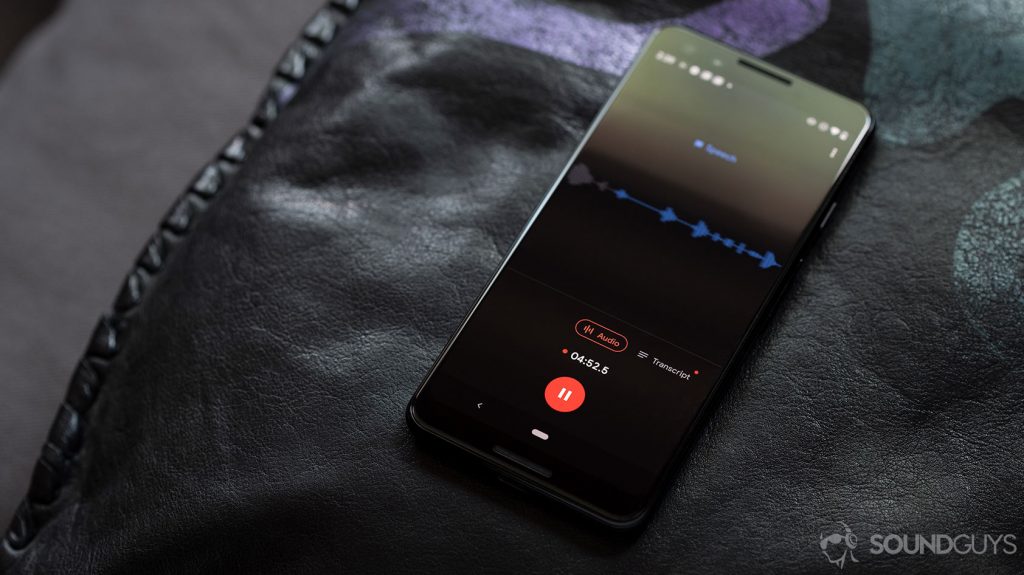 A photo of the Google voice recorder app pulled up on a Google Pixel 3 on a leather pillow.