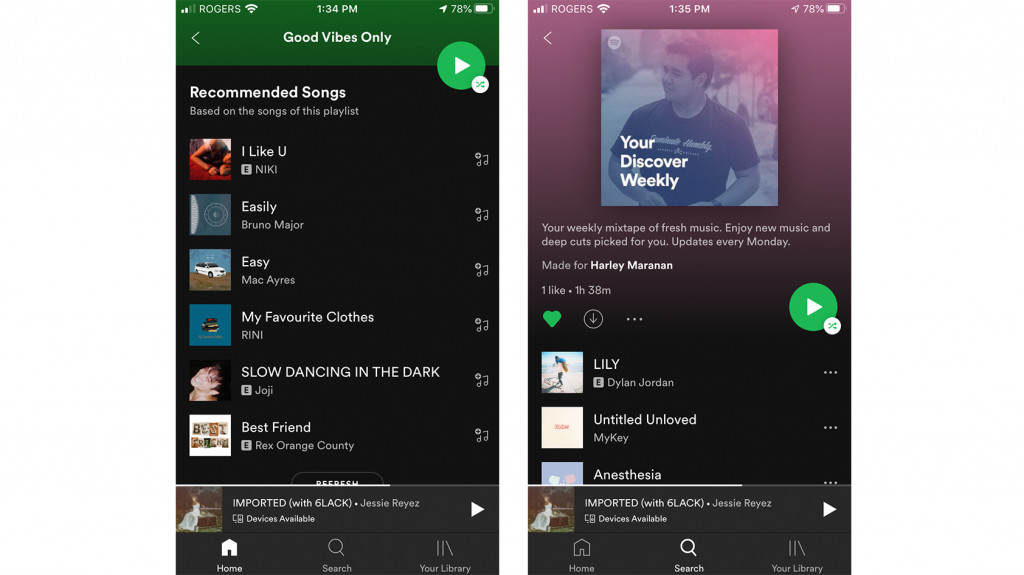 Juxtaposed screenshots of Spotify Recommendations from the mobile application, used for an Apple Music vs Spotify comparison.