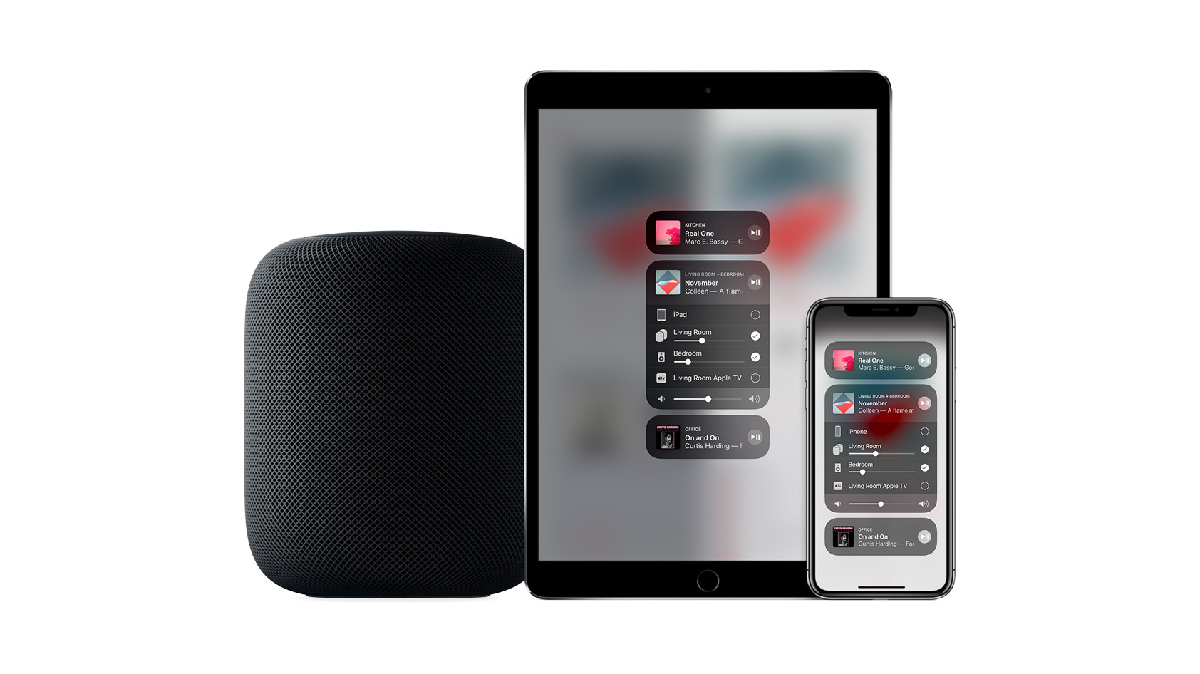 This is an image of an iPad and iPhone displaying AirPlay controls alongside the HomePod.