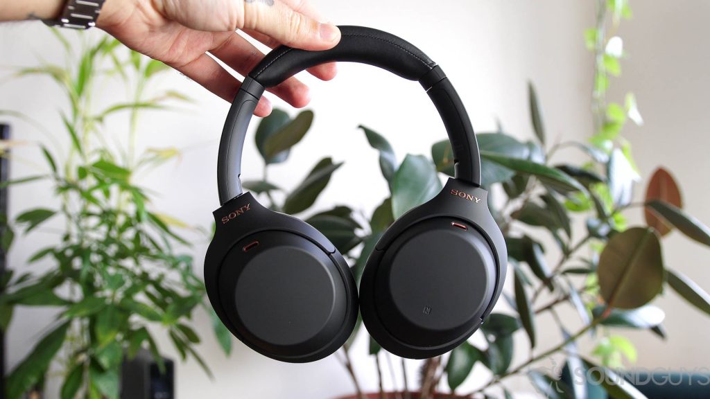 Man holding Sony WH-1000XM4 headphones in front of green plants