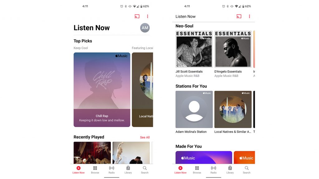 The Listen Now page on Apple Music running on Android