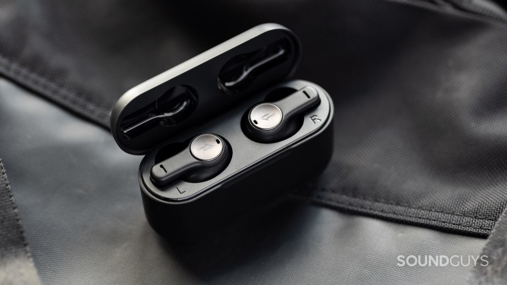 The 1MORE PistonBuds cheap true wireless earbuds in the open case, which sits at an angle.