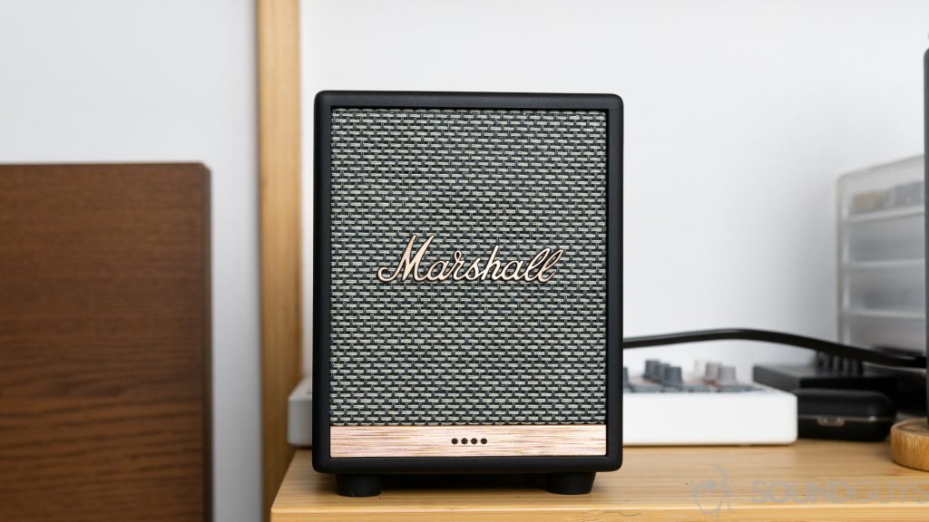 Marshall Uxbridge Voice plugged in while on a bedside table