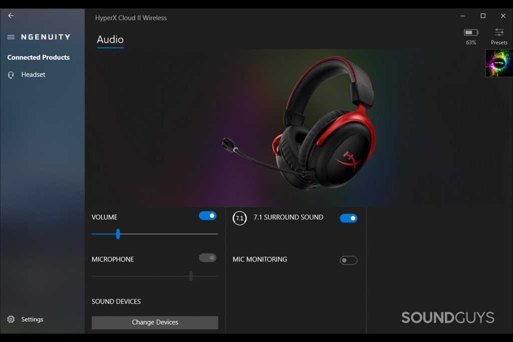 A screenshot of the HyperX Ngenuity app connected to the HyperX Cloud II Wireless.