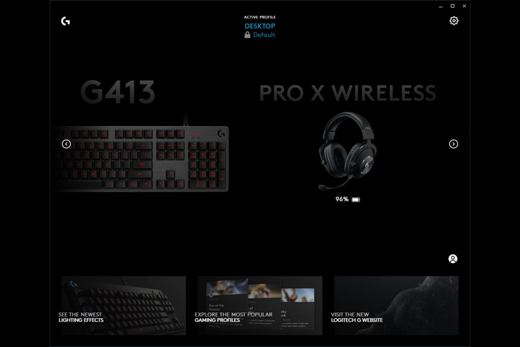 The main page of Logitech G Hub, which is connected to the Logitech G413 Carbon gaming keyboard and Logitech G Pro X Wireless gaming headset.