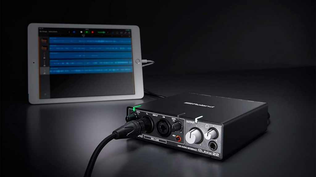 The Roland RUBIX22 USB audio interface connected to an iPad.