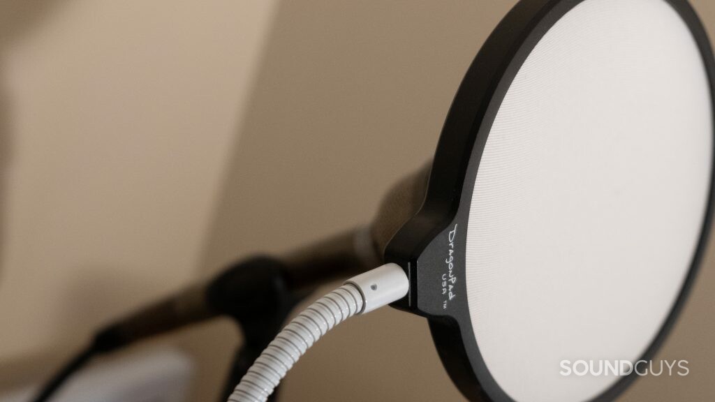 Image shows pop filter in front of a microphone.