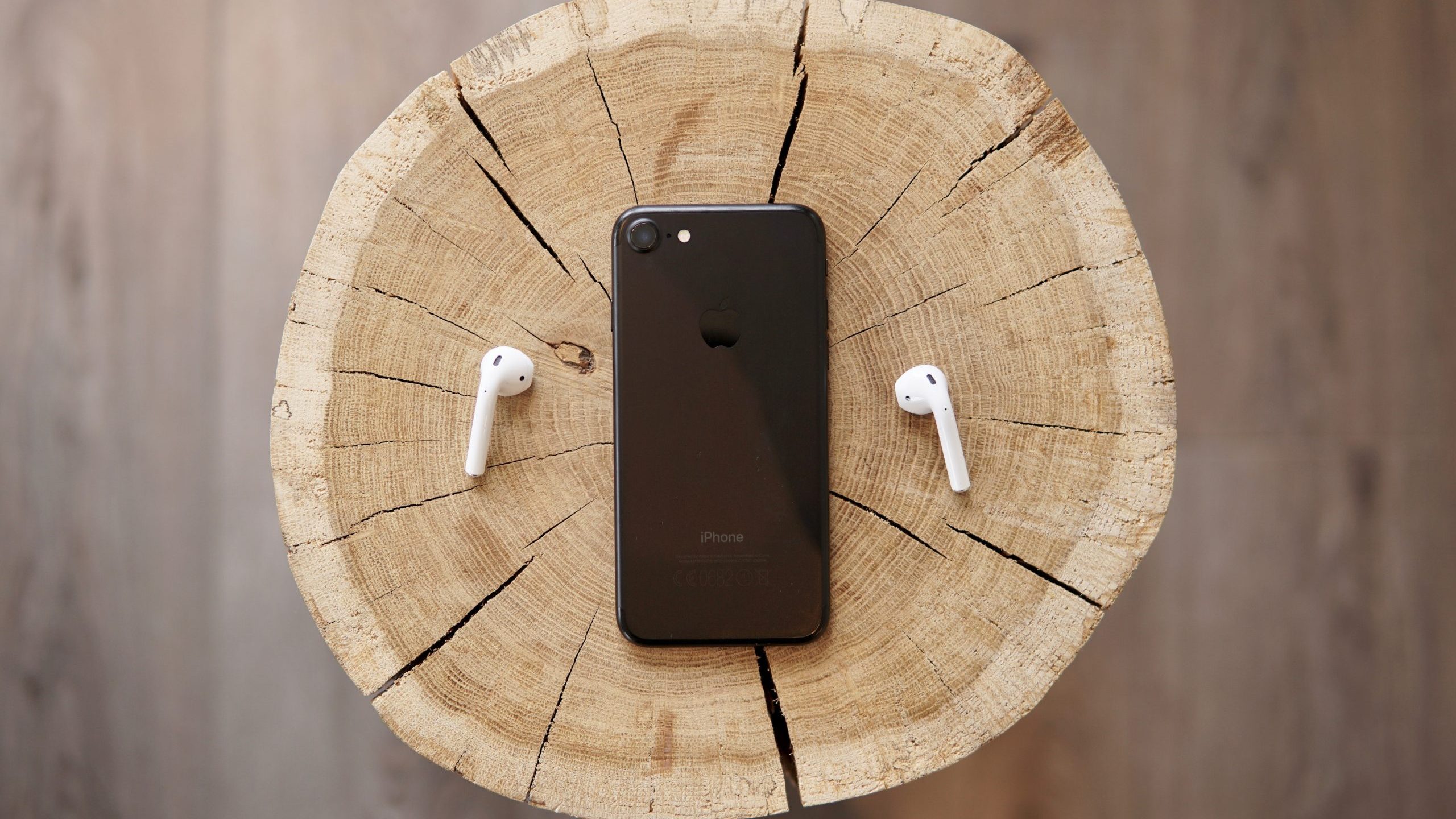 A pair of true wireless earbuds with a smartphone on top of a tree stump.