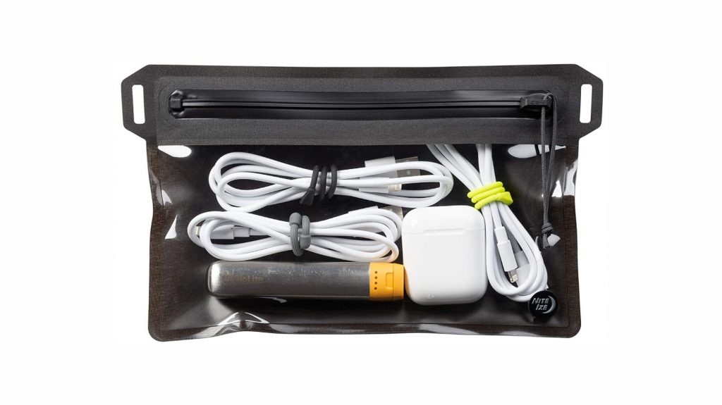Shows product shot of Nite Ize Runoff Waterproof pouch with AirPods and cables inside.