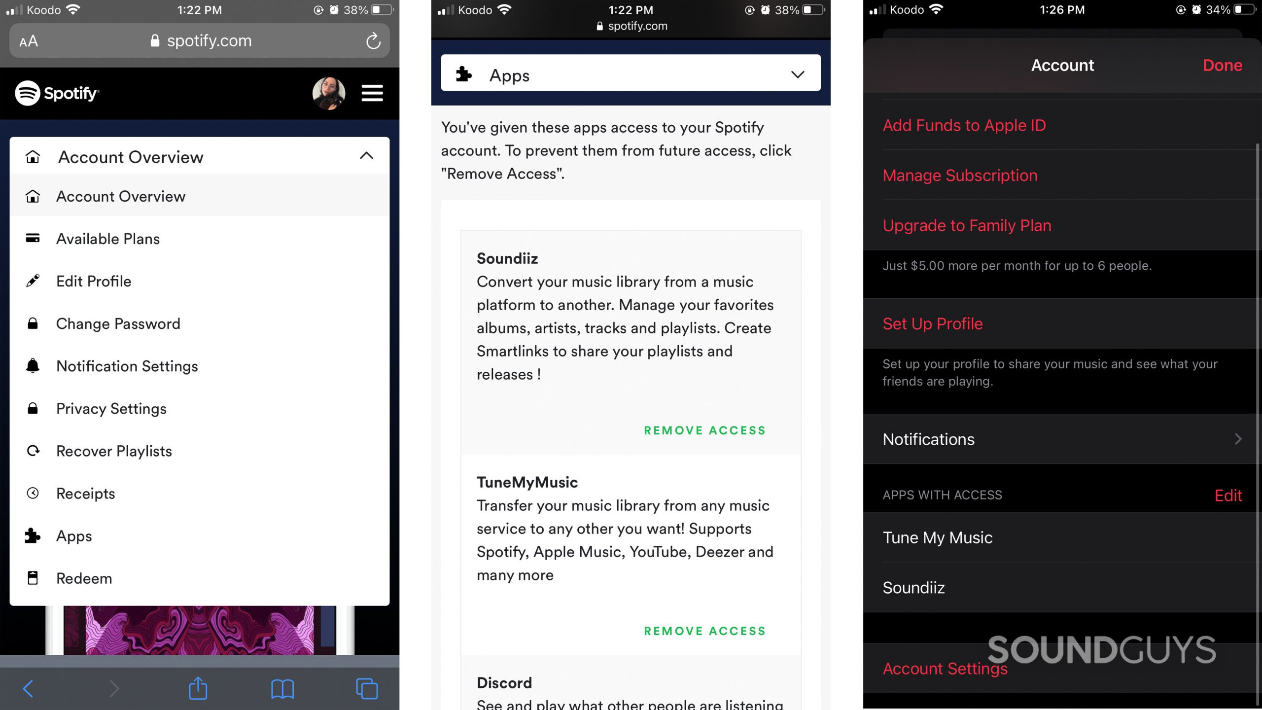 Tangkapan layar yang menunjukkan di mana izin aplikasi pihak ketiga berada di Spotify dan Apple Music.
