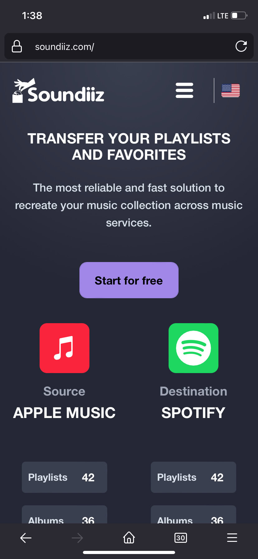 A screenshot of the Soundiiz homepage, where you can create an account to start transferring playlists.
