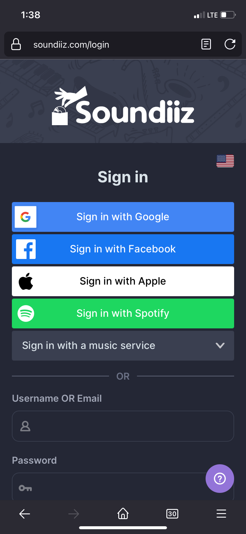 A screenshot of the sign-in page for Soundiiz.