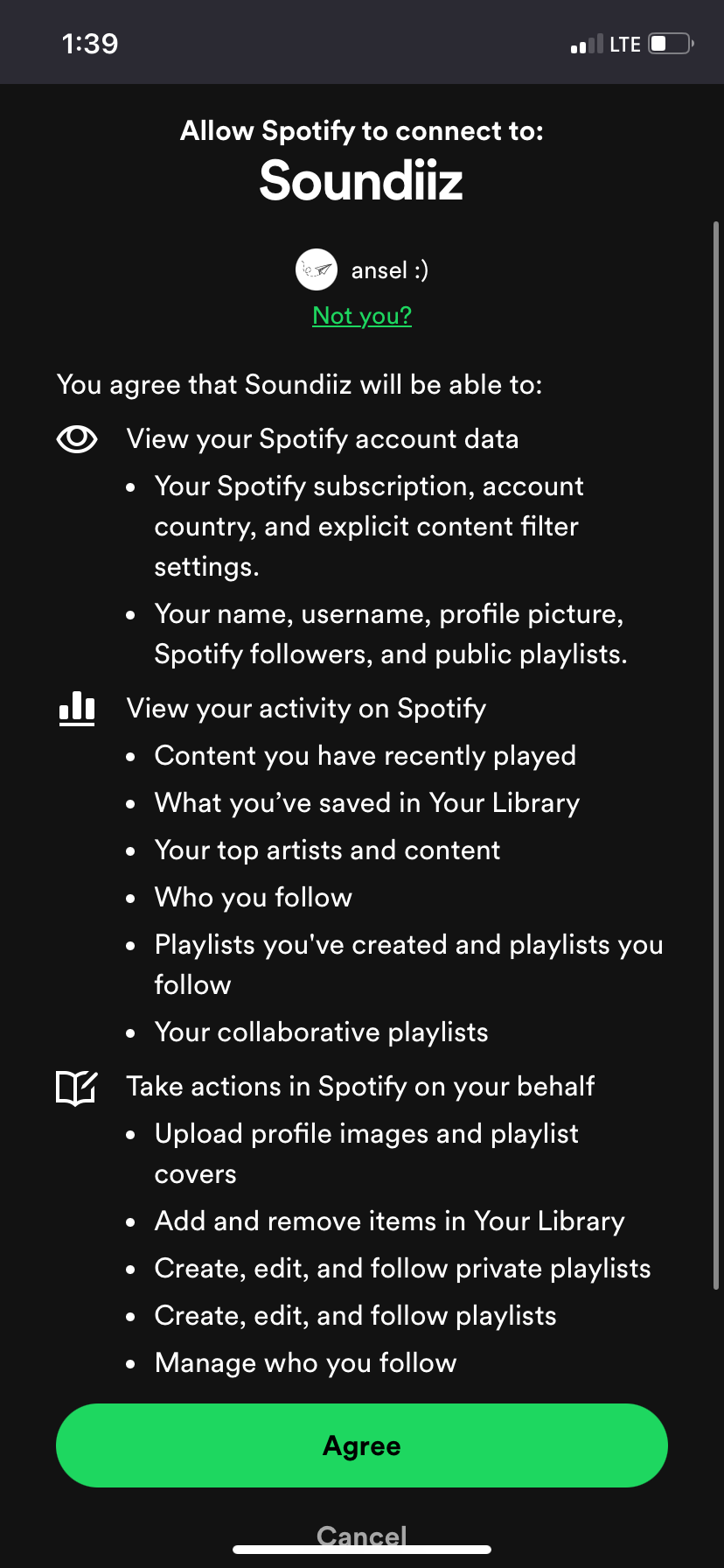 A screenshot of the permissions you need to agree to in order for Soundiiz to access and copy your playlists.